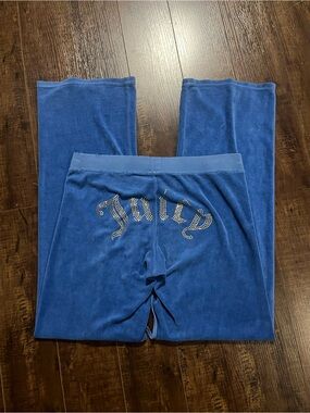 Juicy Couture Girls Blue Velour Joggers with Rhinestone Juicy Logo